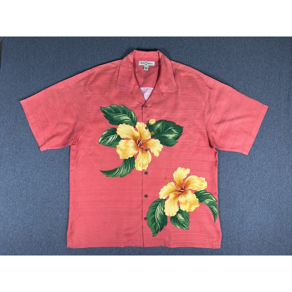 Tommy Bahama Silk Camp Shirt Mens Coral Hibiscus Floral Hawaiian L